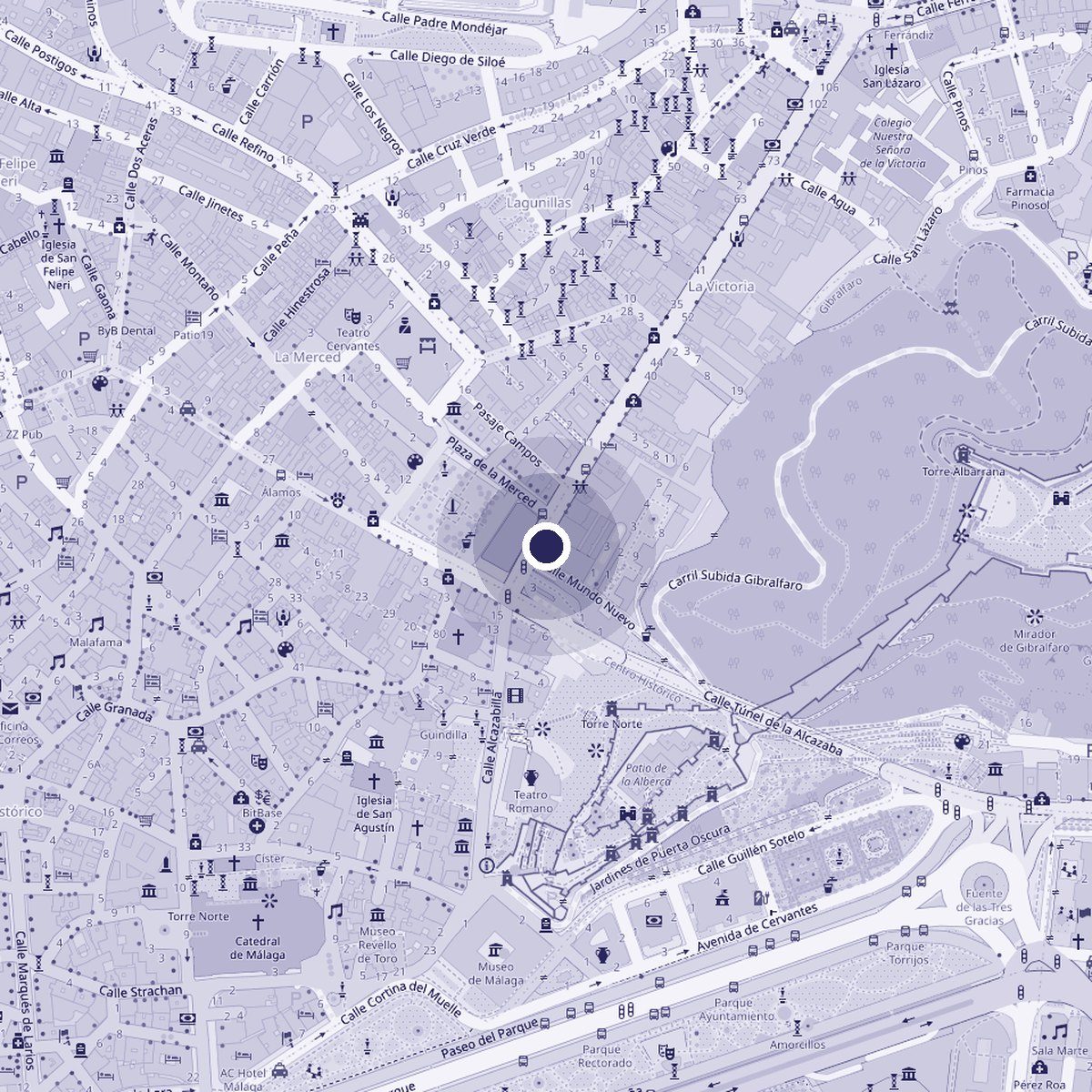 Mapa del centro de Málaga con la ubicación de Cañitas Málaga en Calle Victoria, 6